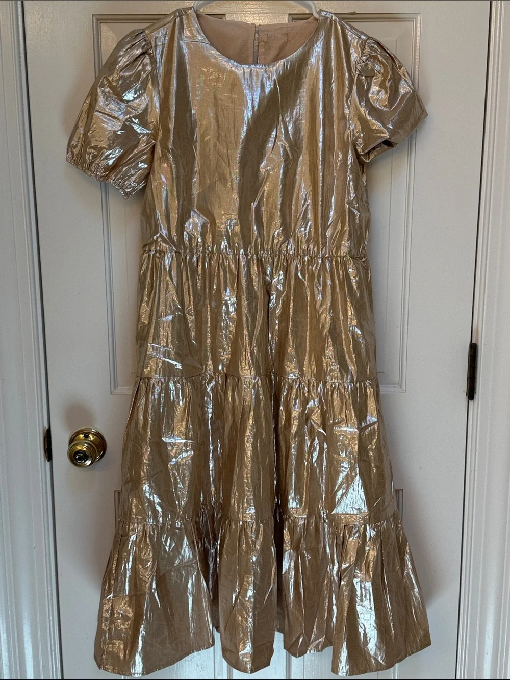 Crewcuts Shimmery Gold Tiered Puff-Sleeve Dress